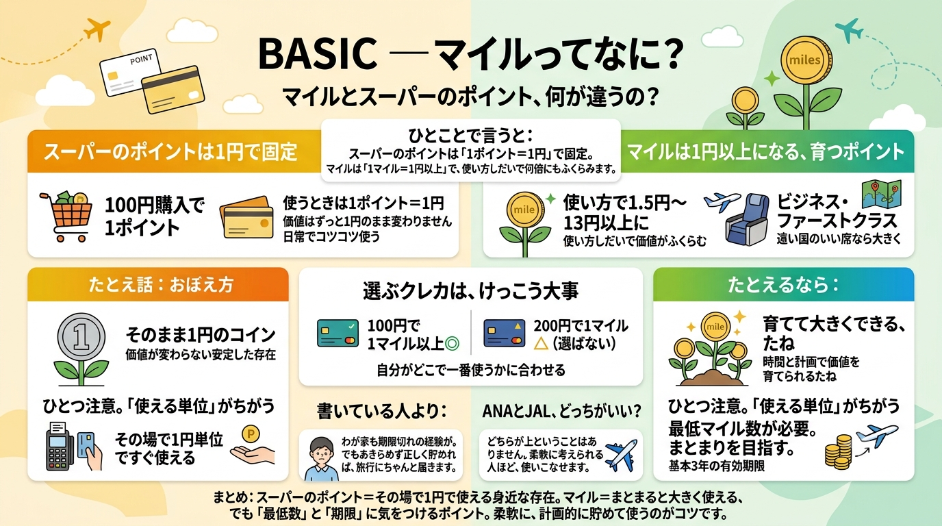 マイルとスーパーのポイントの違いまとめ図解